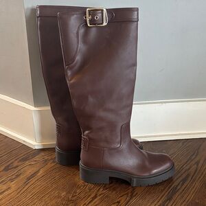 Coach 9.5 brown tall riding boots with gold buckle